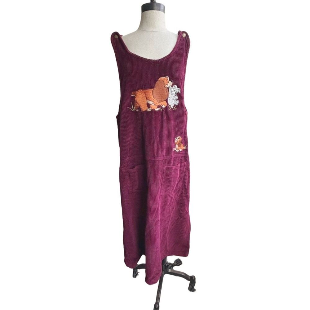 Vintage Disney Lady and the Tramp Corduroy Overall Dress Burgundy Midi Large